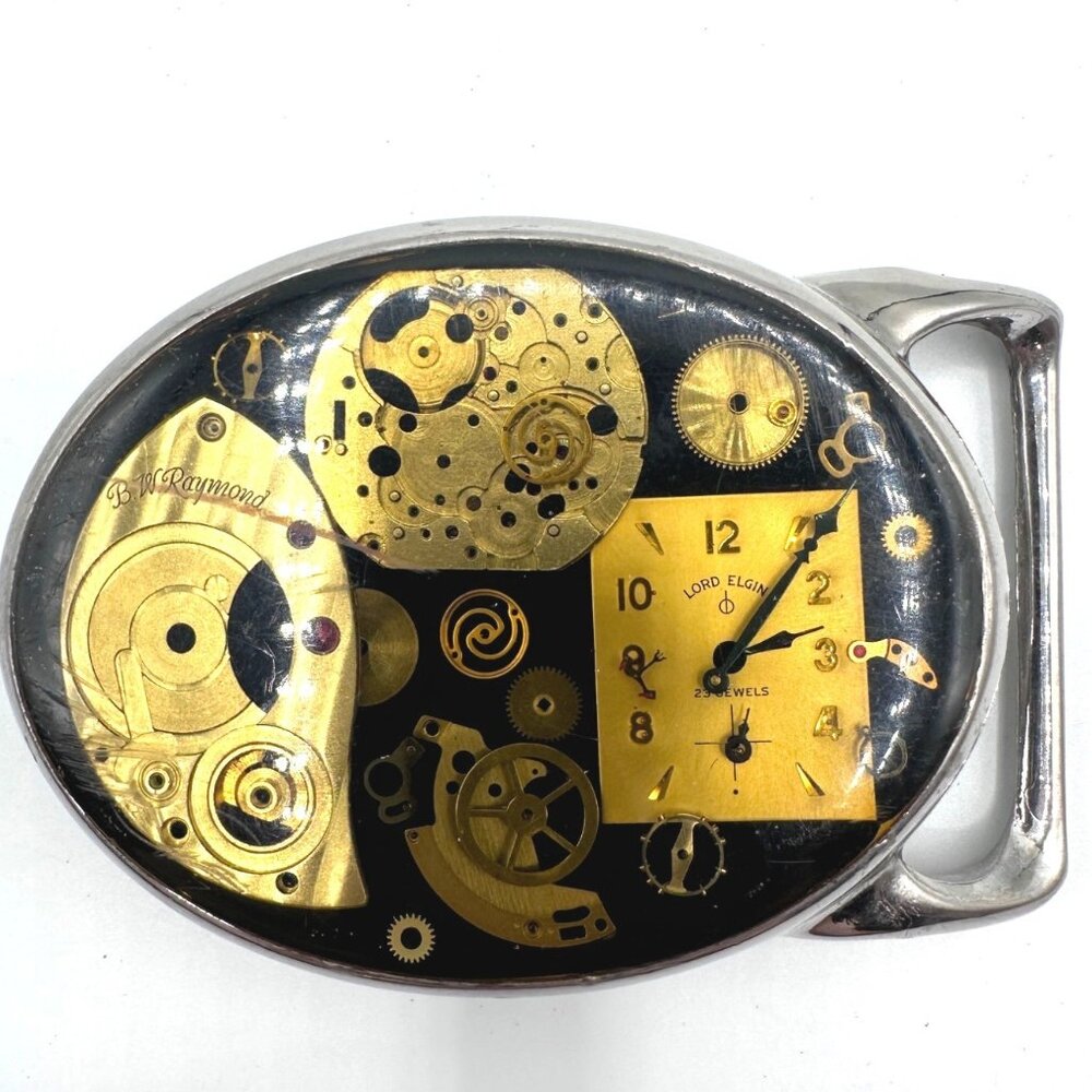 Vintage 1970's Lord Elgin Inspired Belt Buckle Watch Gears Gold Clockwork Silver